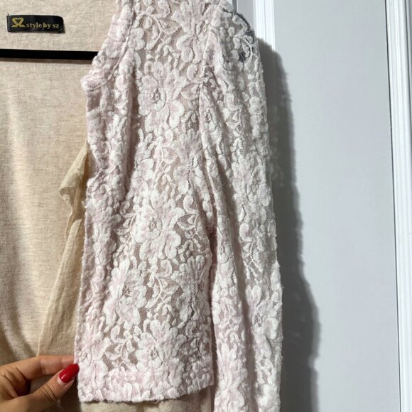 Vintage-Inspired Beige Cardigan with Pink Lace Shrug Layered Look – Size Small - Picture 2 of 8